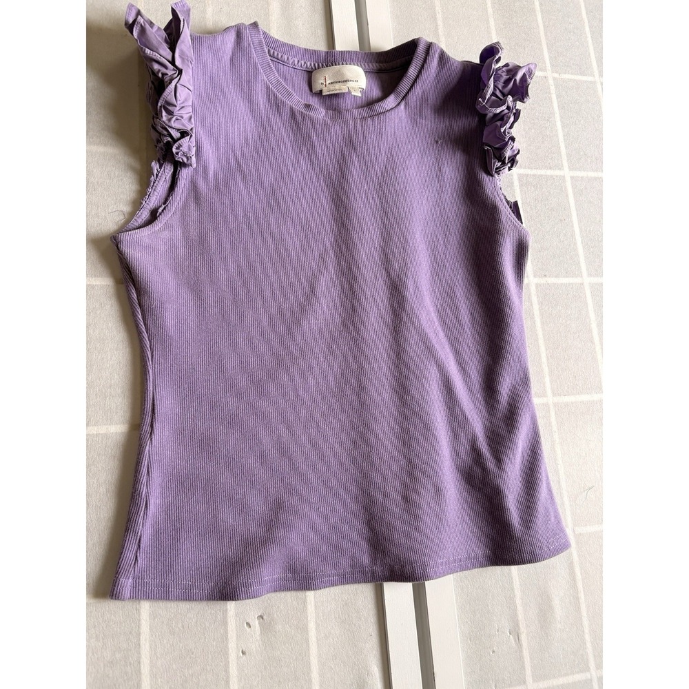Anthropologie Top Womens S Purple Ruffle Sleeve Ribbed Knit Short Sleeve